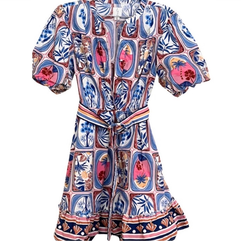 JOIE rare print Belted Midi Dress Maximalist Resort Botanical Boho casual M